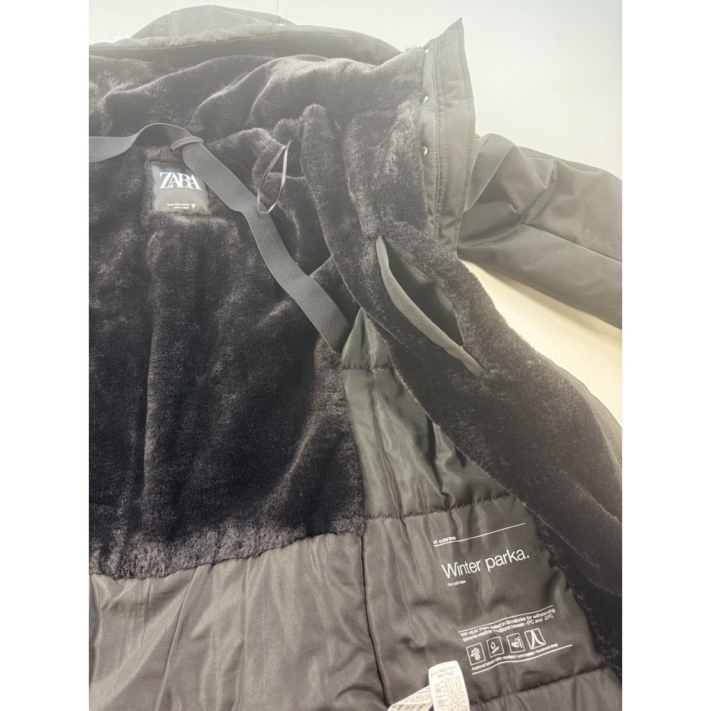 Zara Winter Parka Coat Fur Lined Hooded Jacket Black Warm Womens S - Picture 10 of 11